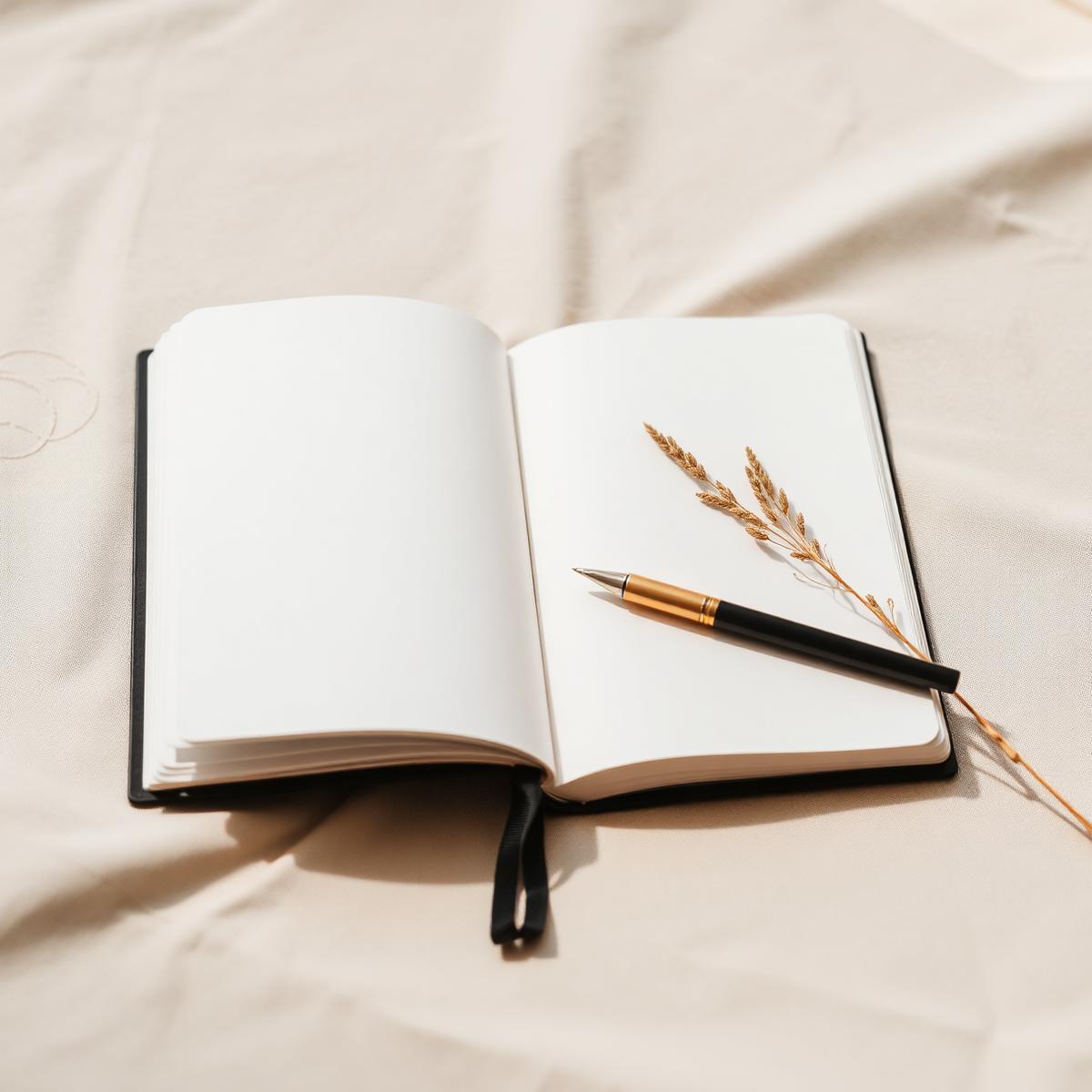 An open notebook and pen resting on soft linen