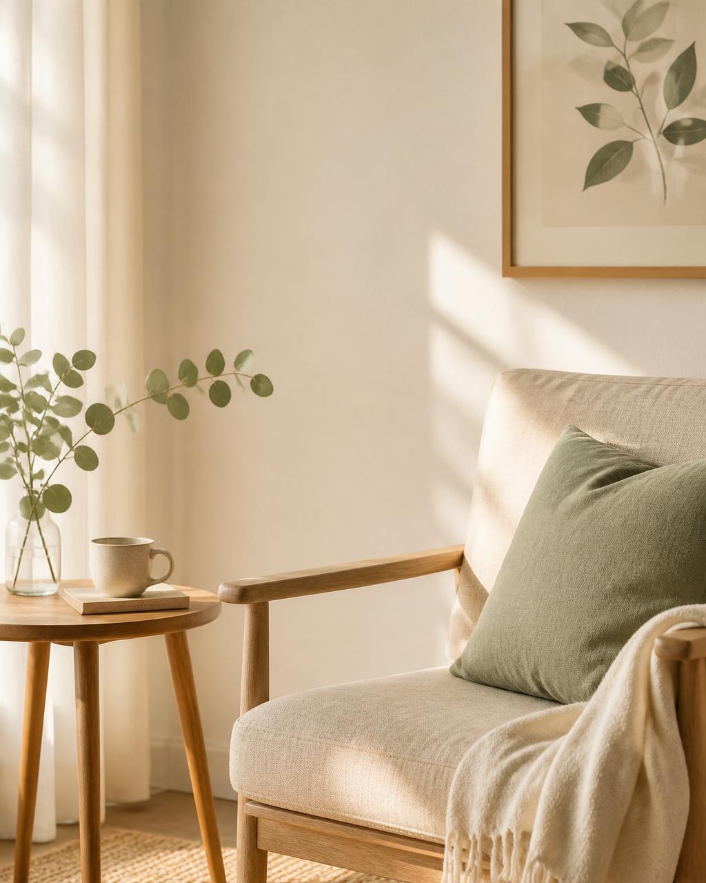 A calm, sunlit corner with a linen armchair and eucalyptus — the feeling of a coaching space